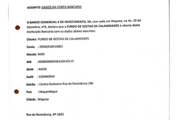 Dados de Conta bancária do Fundo de Gestão de Calamidades (FGC) para donativos e apoio